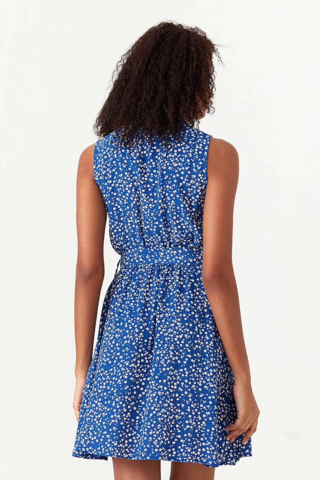 Blue Ditsy Print Sleeveless Shirt Dress