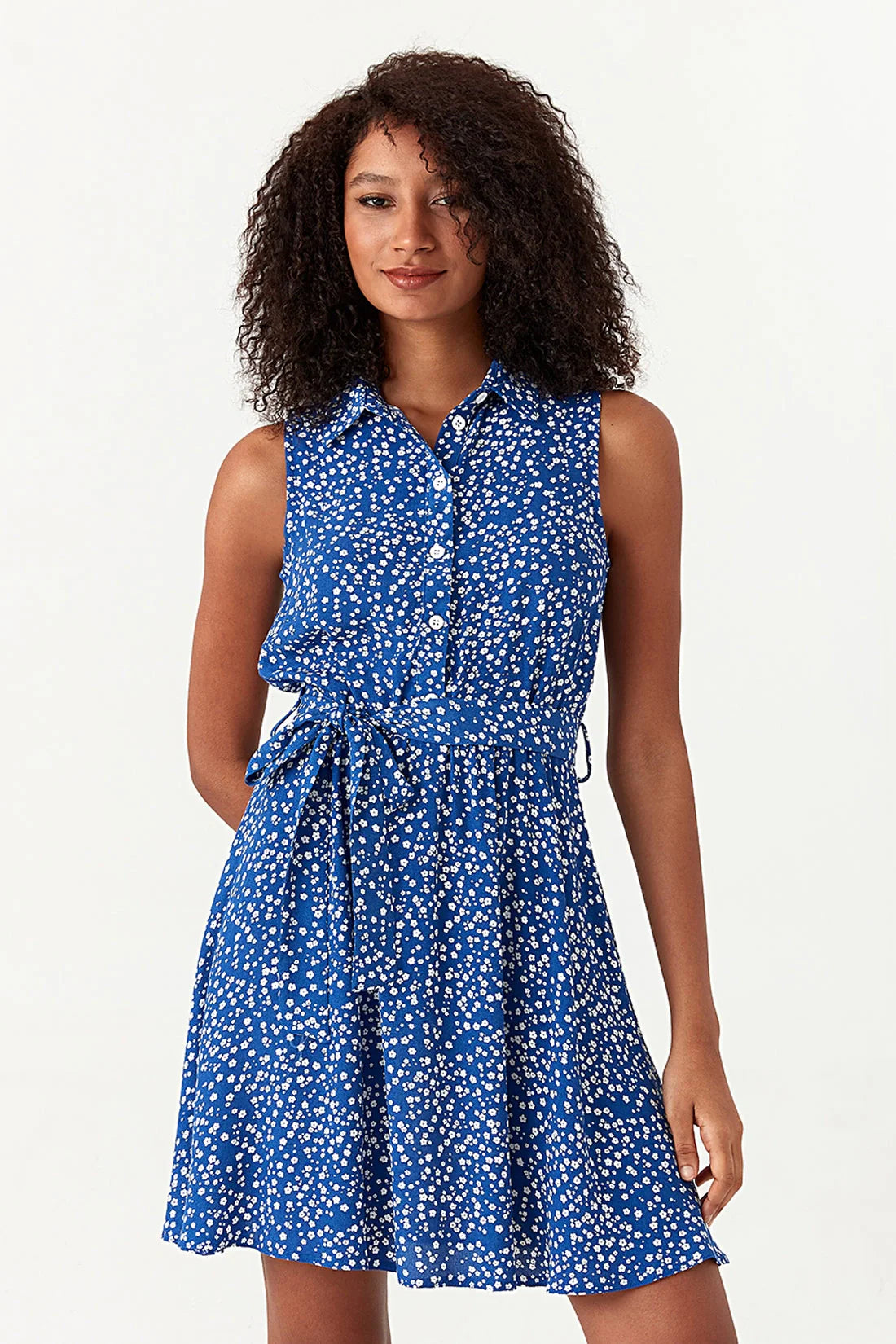 Blue Ditsy Print Sleeveless Shirt Dress
