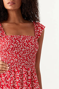 Red Frill Strap Shirred Detail Dress