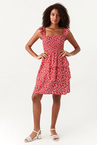 Red Frill Strap Shirred Detail Dress