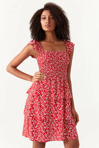 Red Frill Strap Shirred Detail Dress