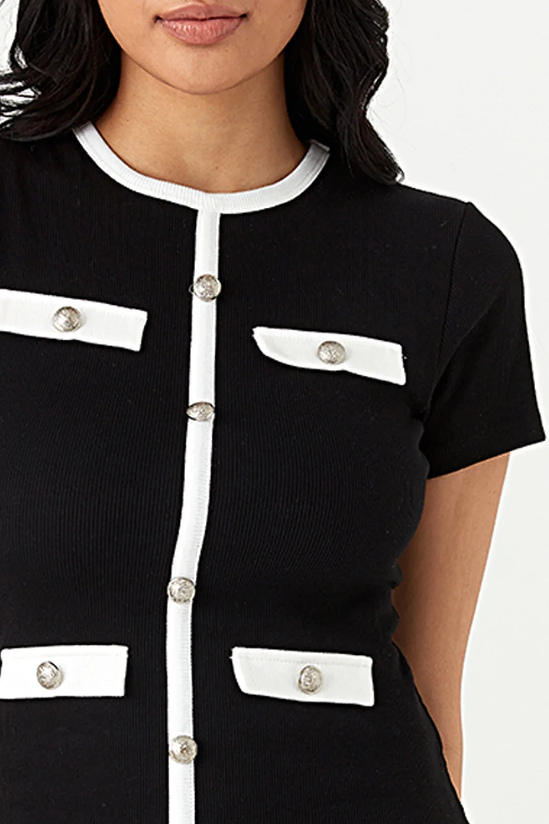 Mono Short Sleeve Trim Detail Rib Bodycon Dress