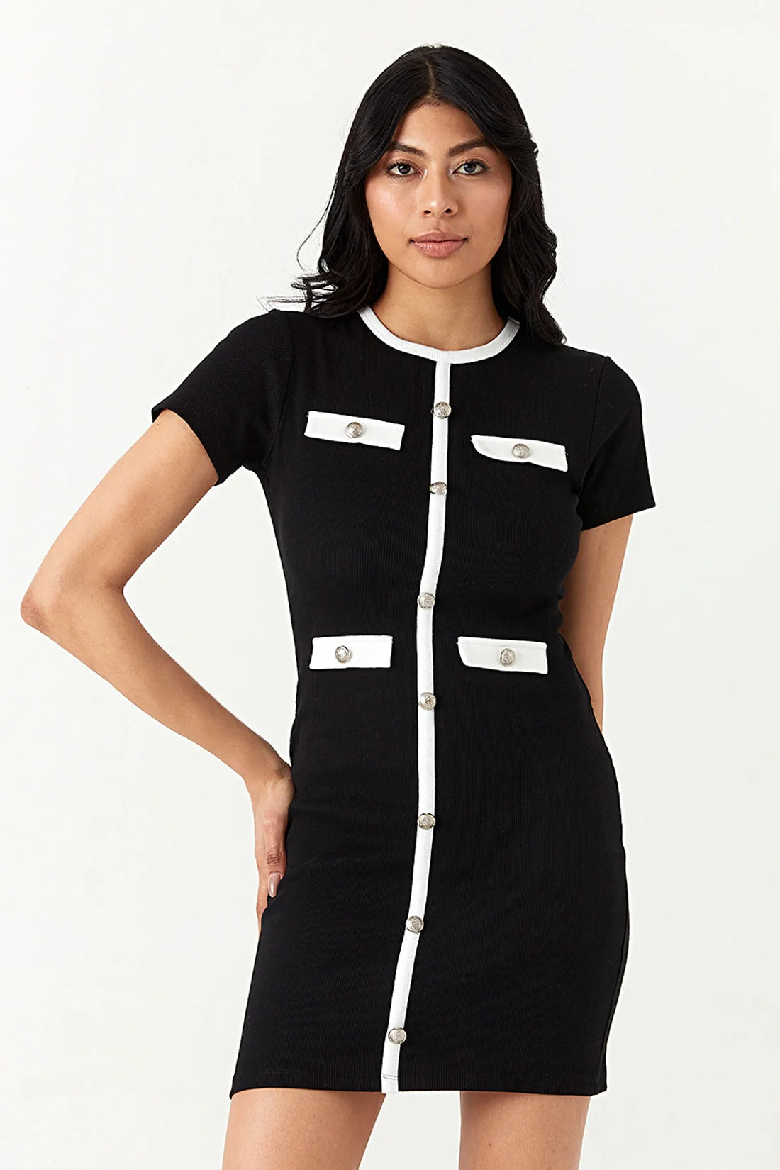 Mono Short Sleeve Trim Detail Rib Bodycon Dress