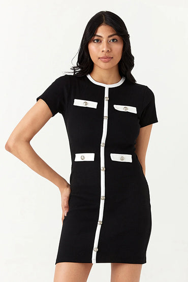 Mono Short Sleeve Trim Detail Rib Bodycon Dress