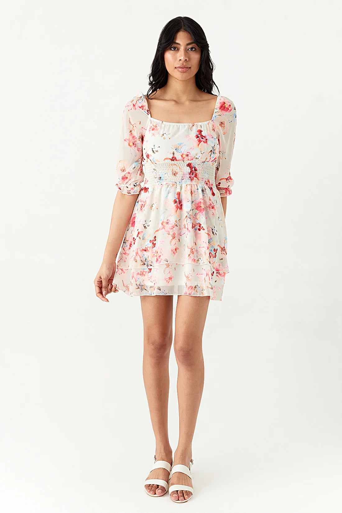 Neutral Floral Chiffon Ra Ra Dress