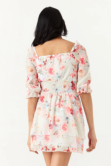 Neutral Floral Chiffon Ra Ra Dress