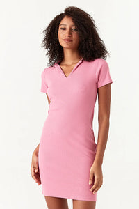 Pink Basic Collar Neck Rib Bodycon Dress
