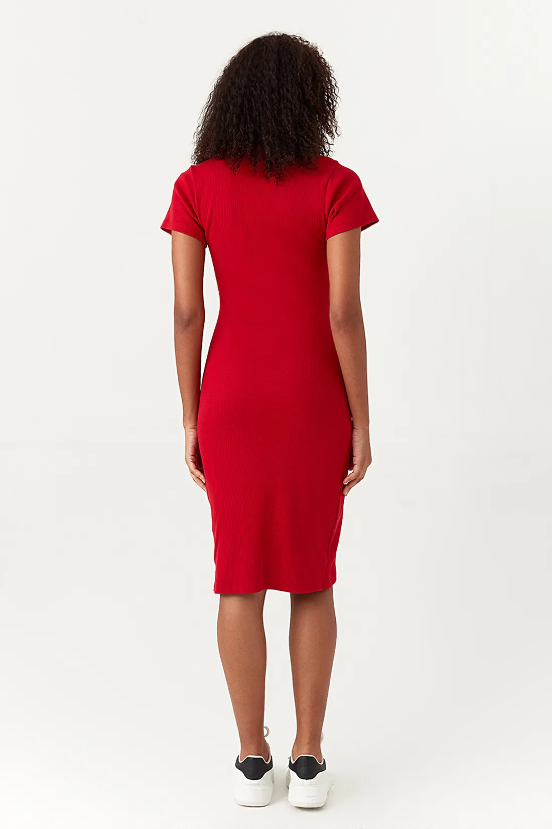 Red Basic Collar Neck Rib Bodycon Dress