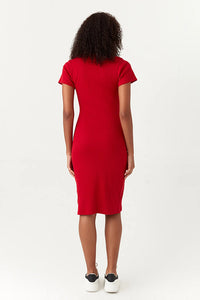 Red Basic Collar Neck Rib Bodycon Dress