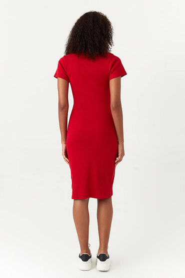 Red Basic Collar Neck Rib Bodycon Dress