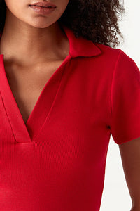 Red Basic Collar Neck Rib Bodycon Dress