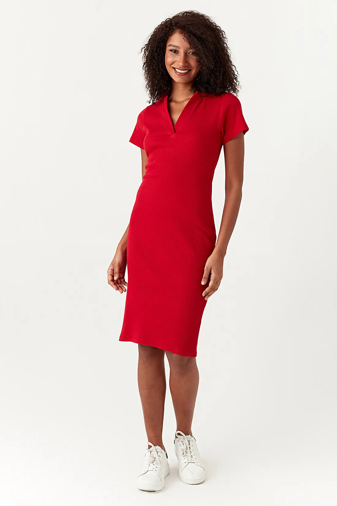 Red Basic Collar Neck Rib Bodycon Dress
