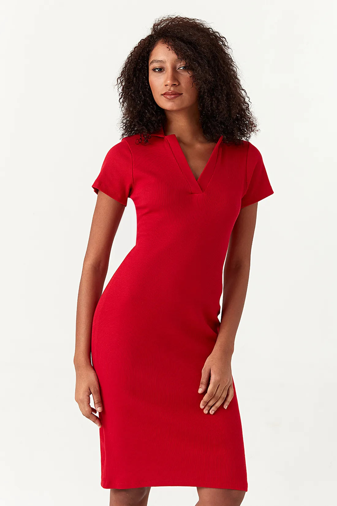 Red Basic Collar Neck Rib Bodycon Dress