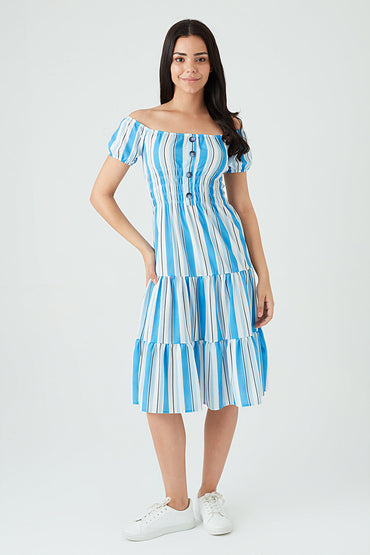 Blue Stripe Bardot Tea Dress