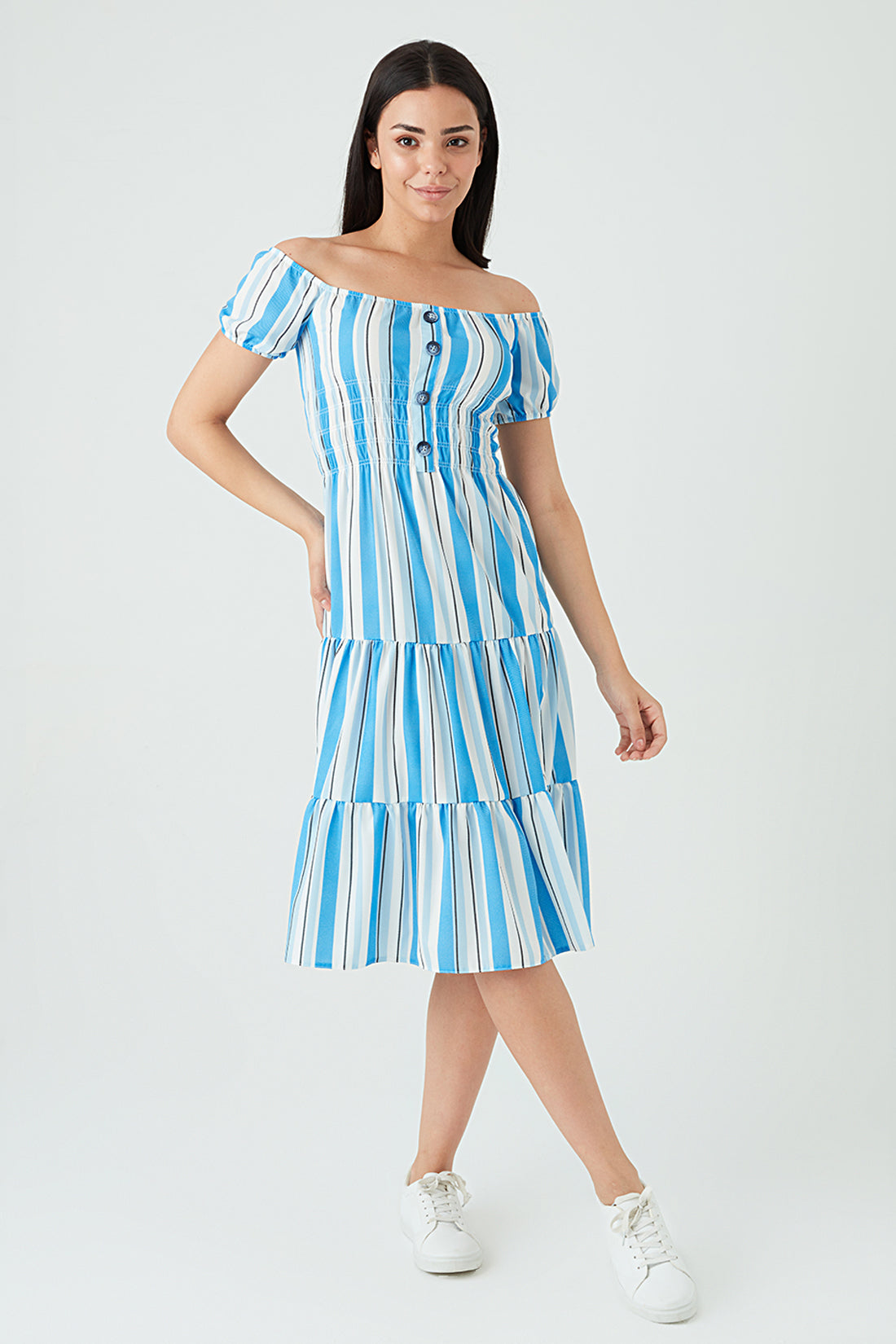 Blue Stripe Bardot Tea Dress