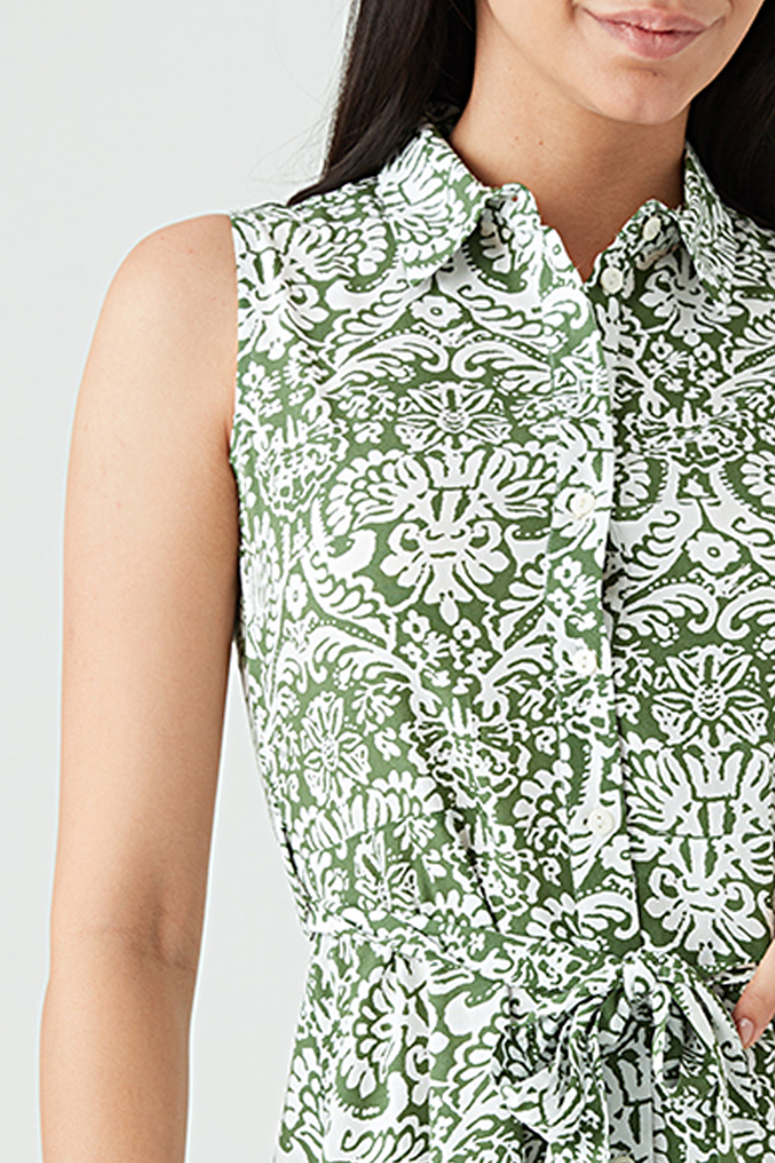 Khaki Printed Sleeveless Shirt Dress