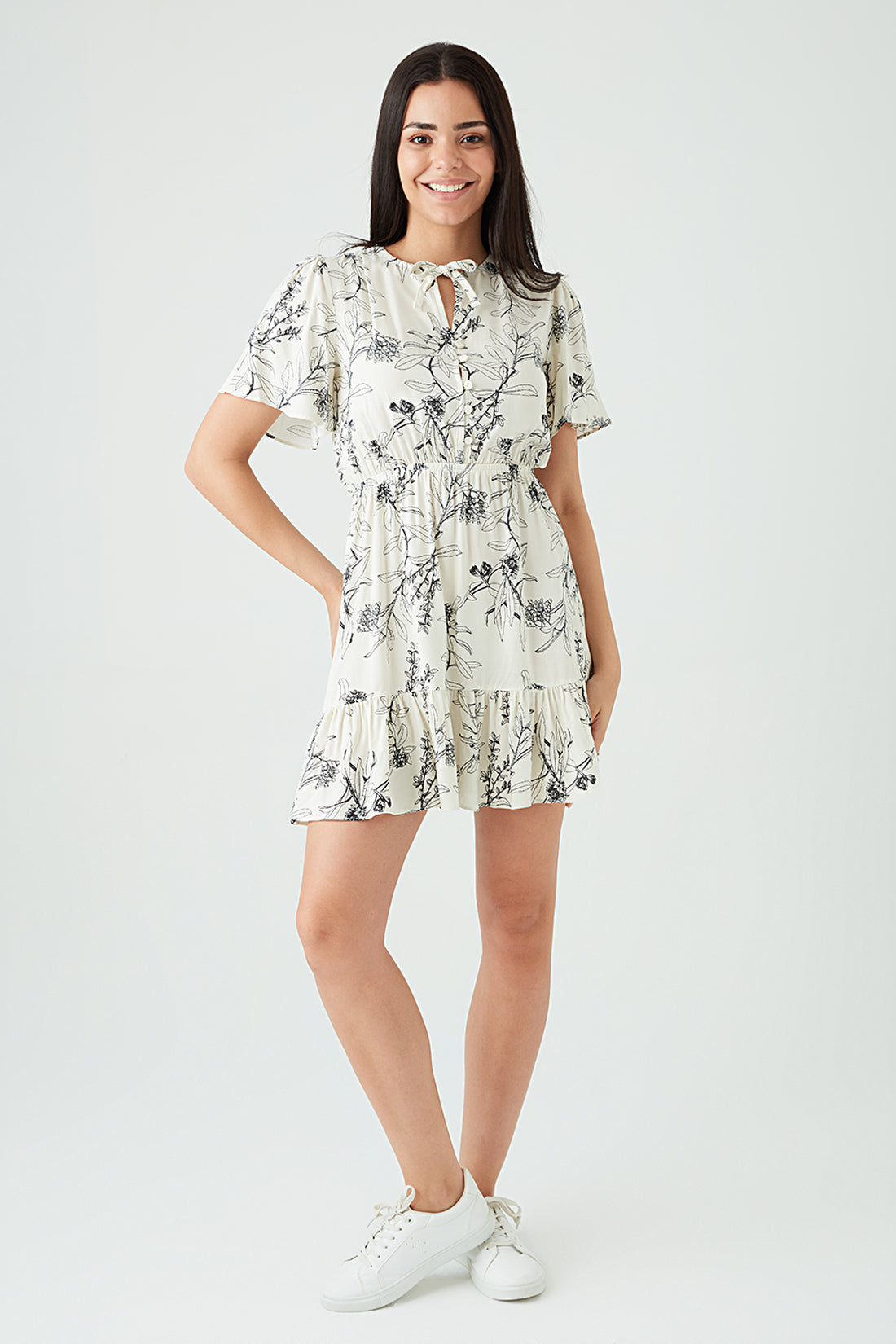 Mono Printed Tie Detail Tea Dress