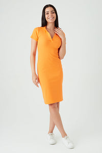 Orange Collar Detail Rib Midi Bodycon Dress