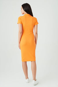 Orange Collar Detail Rib Midi Bodycon Dress