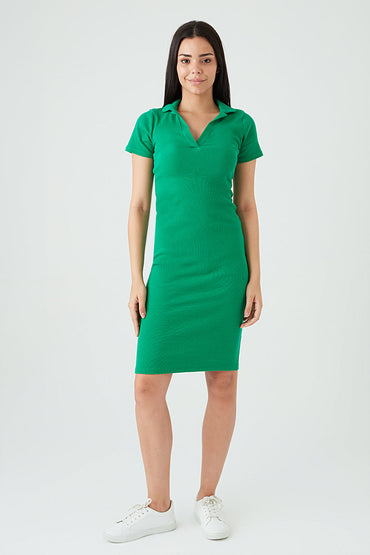 Green Collar Detail Rib Midi Bodycon Dress