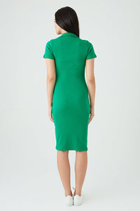 Green Collar Detail Rib Midi Bodycon Dress