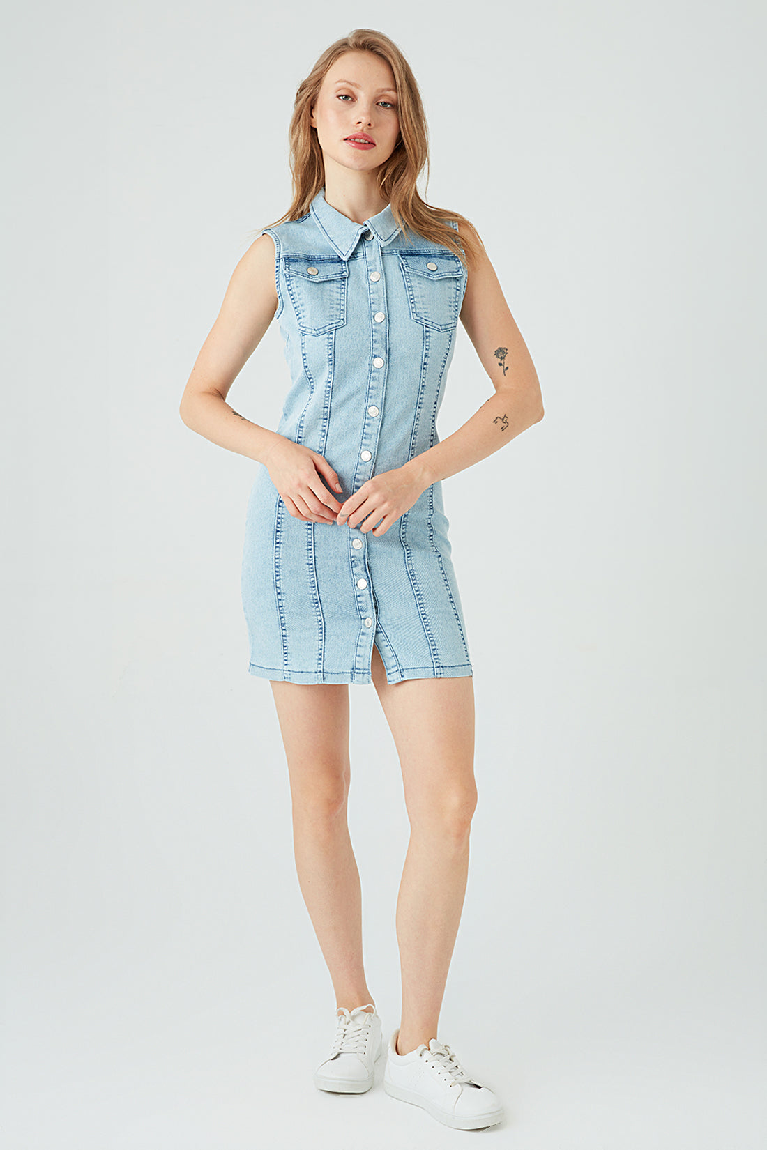 Acid Wash Sleeveless Denim Button Through Dress