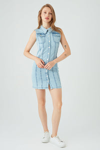 Acid Wash Sleeveless Denim Button Through Dress