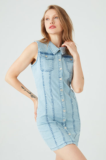 Acid Wash Sleeveless Denim Button Through Dress