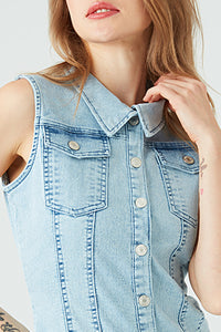 Acid Wash Sleeveless Denim Button Through Dress