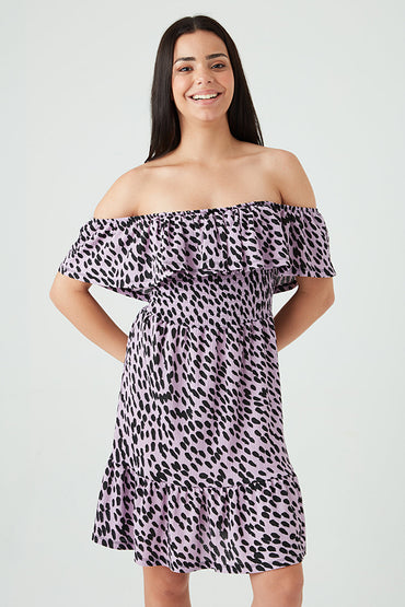 Lilac Spot Print Bardot Tea Dress