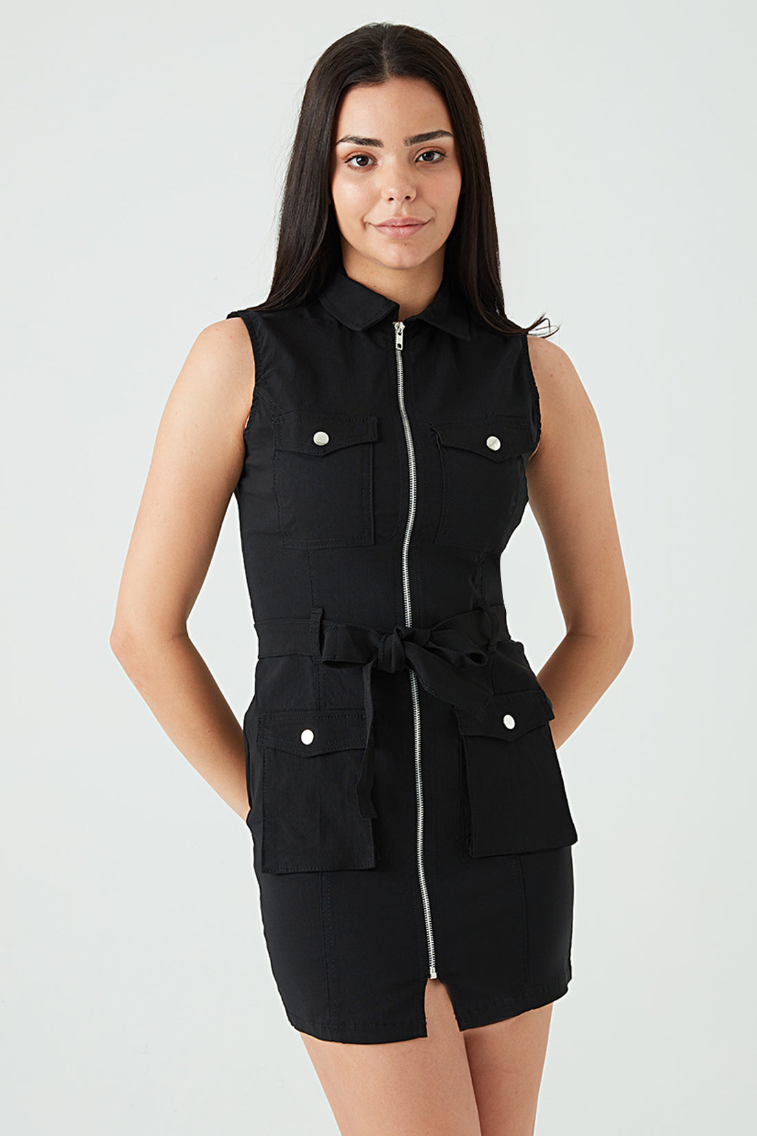 Black Sless Bengaline Belted Dress