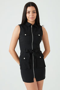 Black Sless Bengaline Belted Dress