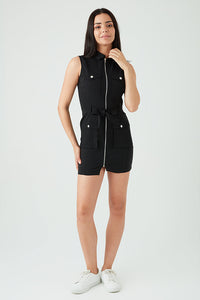 Black Sless Bengaline Belted Dress