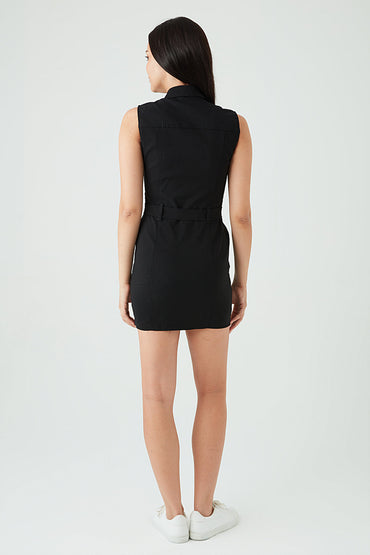 Black Sless Bengaline Belted Dress
