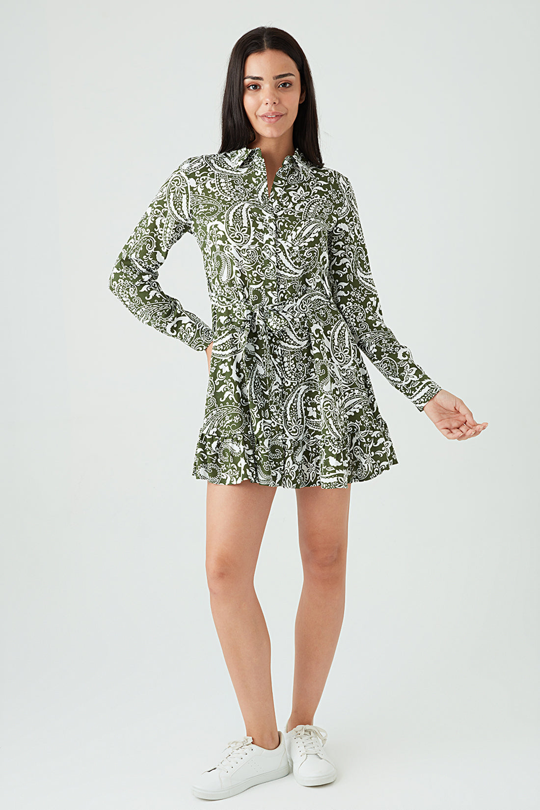 Khaki Paisley Print Shirt Dress