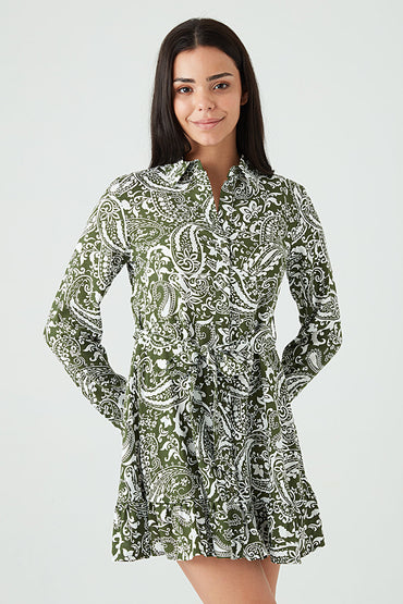 Khaki Paisley Print Shirt Dress