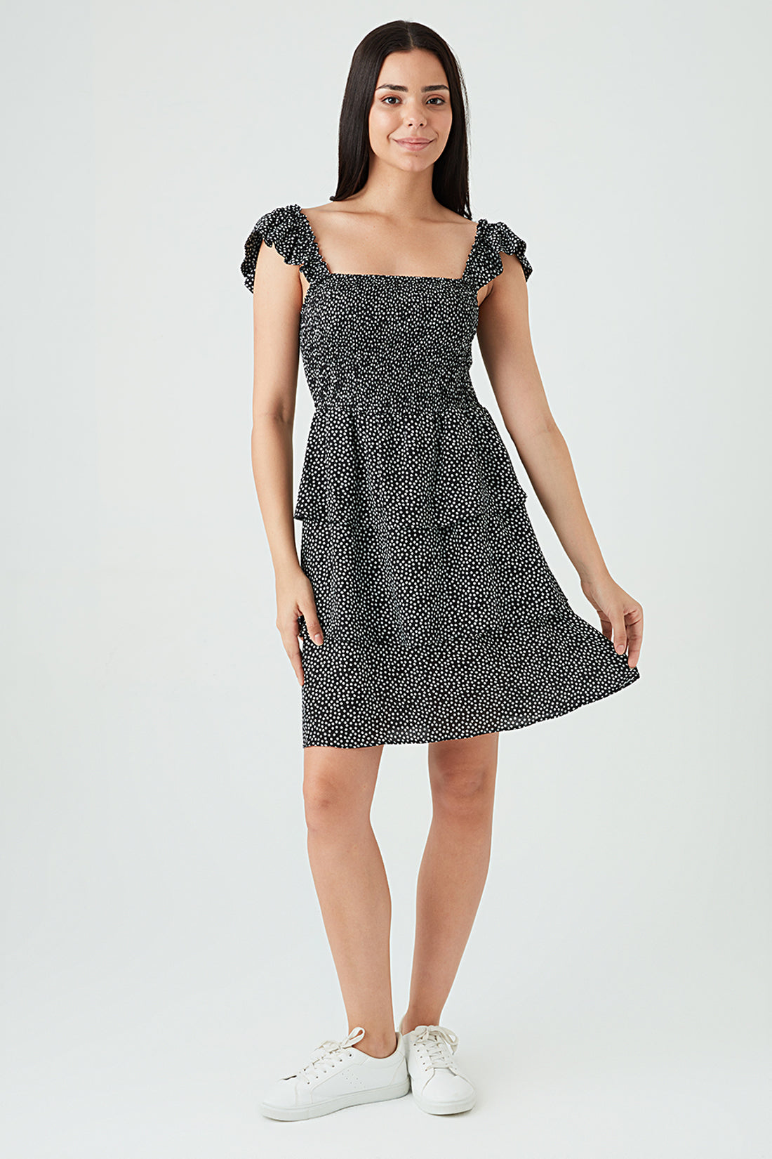 Black Frill Strap Shirred Detail Dress