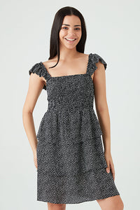 Black Frill Strap Shirred Detail Dress