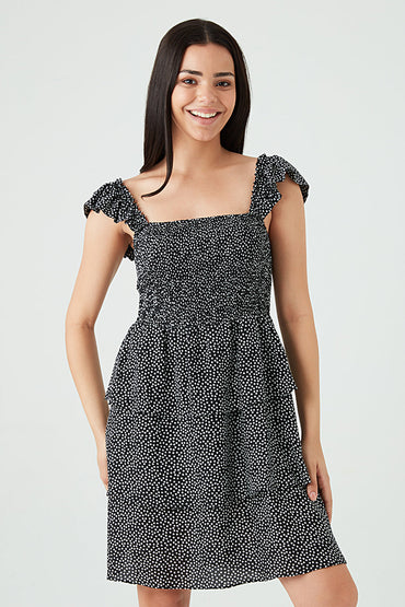 Black Frill Strap Shirred Detail Dress
