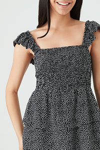 Black Frill Strap Shirred Detail Dress