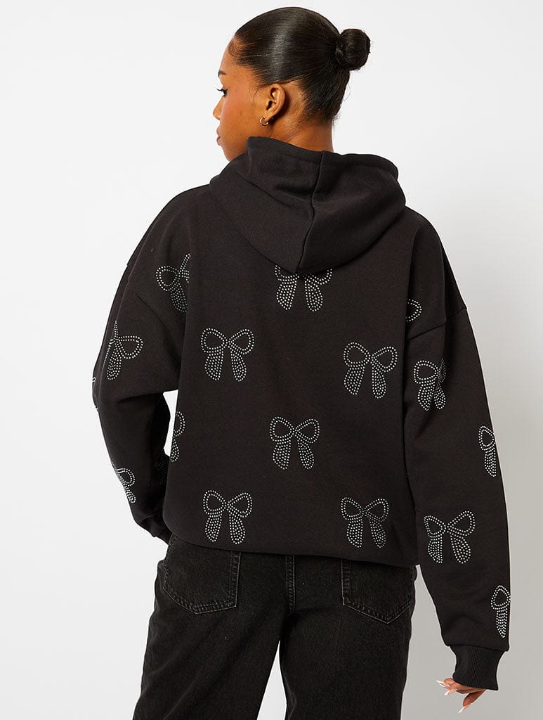 Bow Diamante Hoodie in Black