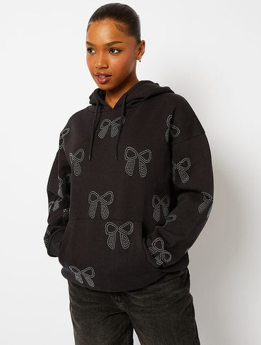 Bow Diamante Hoodie in Black