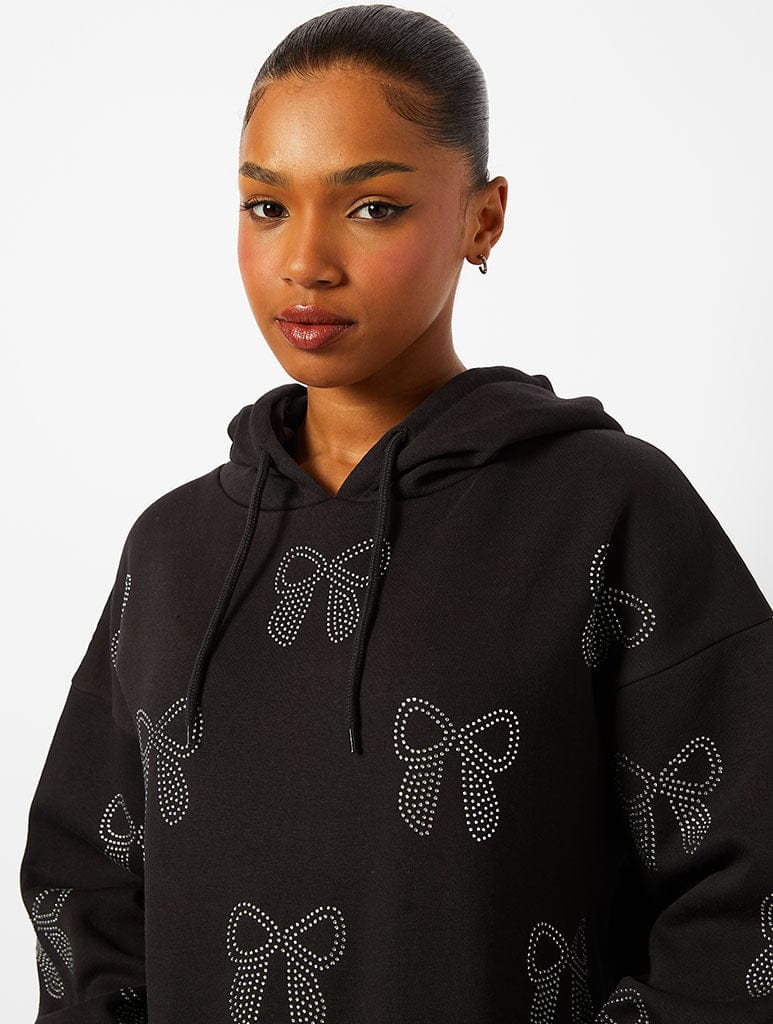 Bow Diamante Hoodie in Black