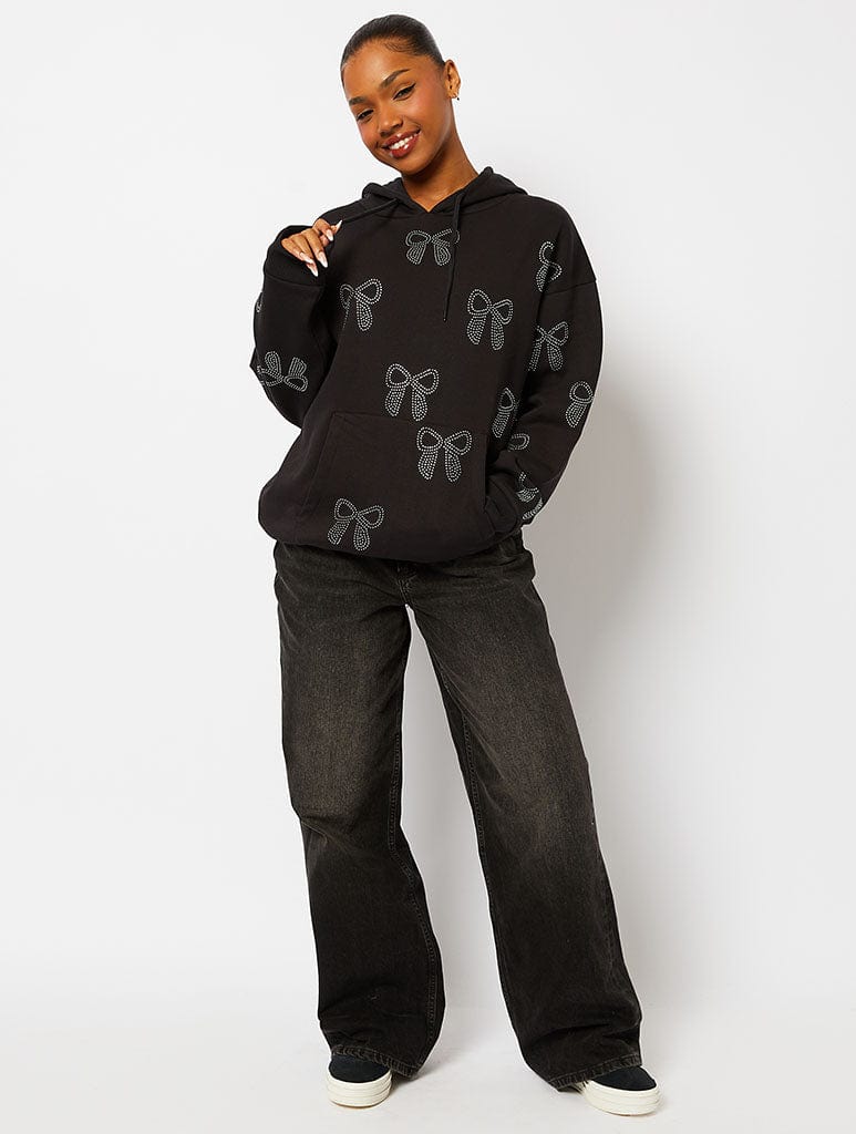 Bow Diamante Hoodie in Black
