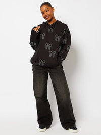 Bow Diamante Hoodie in Black