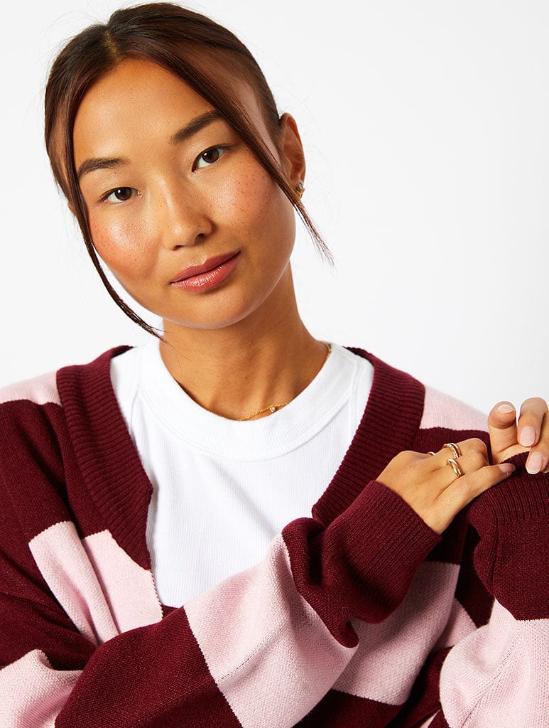 Bow Knitted Cardigan in Pink & Burgundy Stripe
