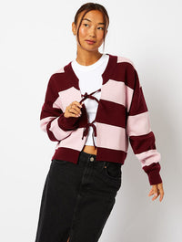 Bow Knitted Cardigan in Pink & Burgundy Stripe
