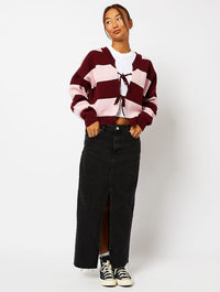 Bow Knitted Cardigan in Pink & Burgundy Stripe