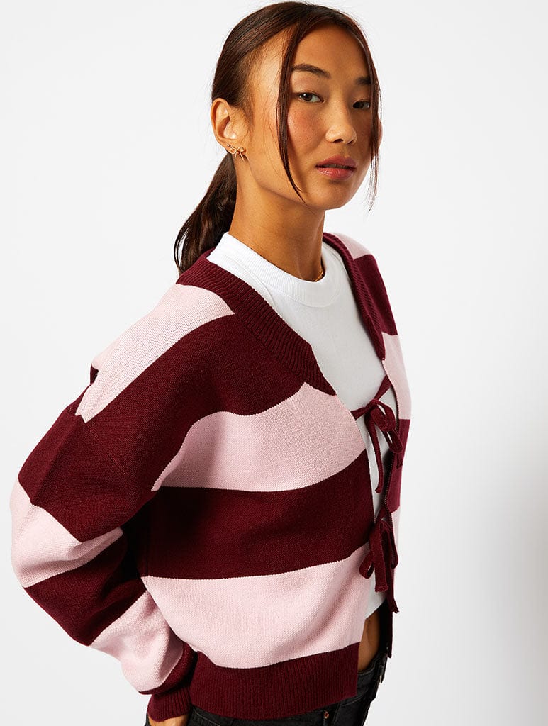 Bow Knitted Cardigan in Pink & Burgundy Stripe