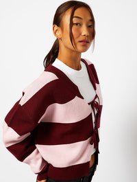Bow Knitted Cardigan in Pink & Burgundy Stripe